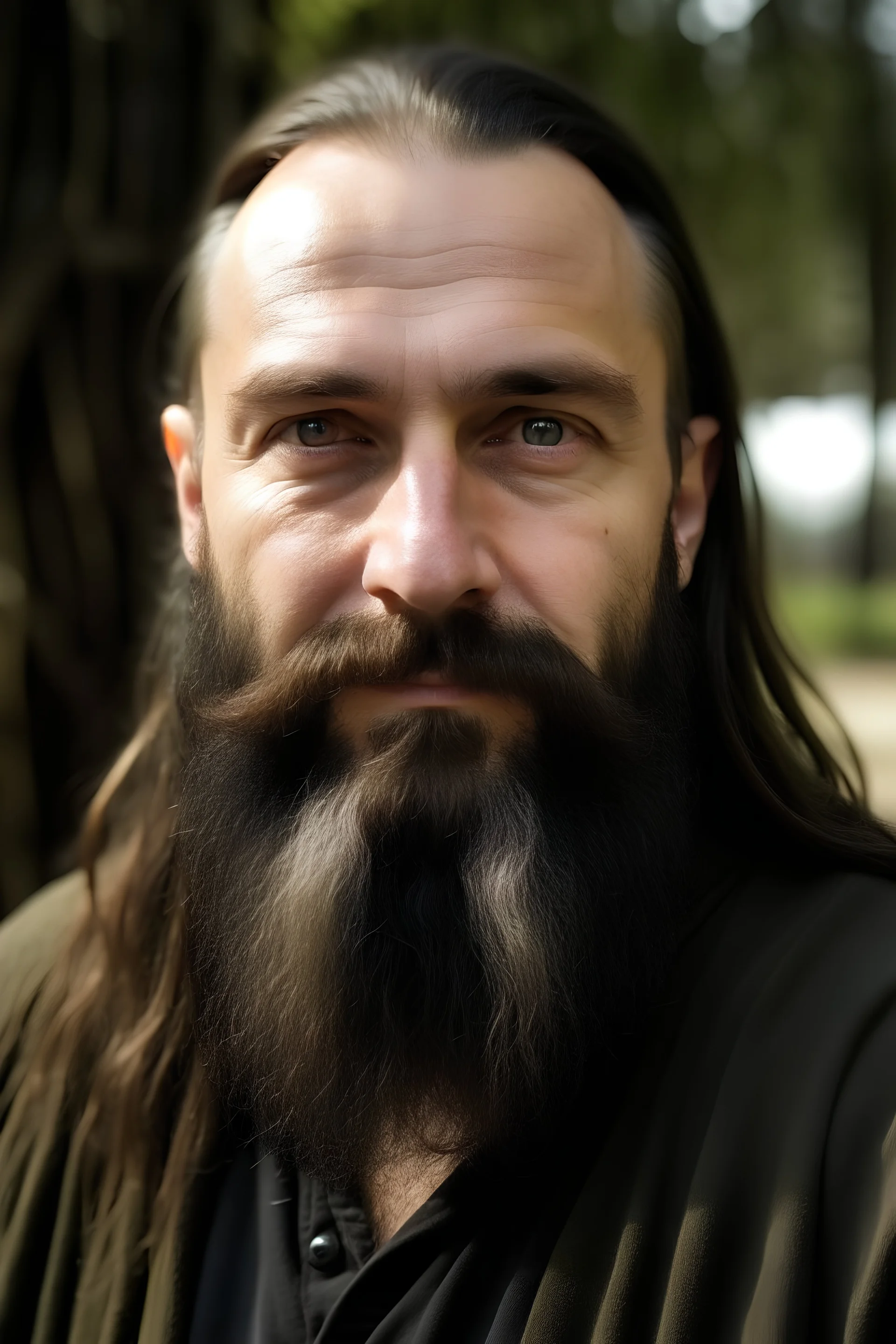 Beautiful Slavic man, hero with beard, black long hair,