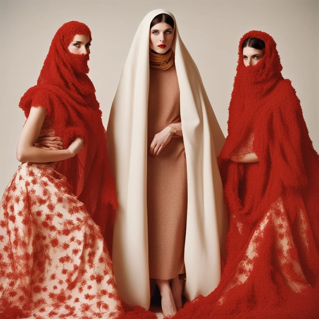 A fashion photography of a group wearing traditional Middle Eastern , no face in a white studio with a red scarf around the head and a long skirt, posing for Vogue magazine in the style of James Bidgood photographed in the style of Tim Walker. --ar 101:128 --v 6. 0