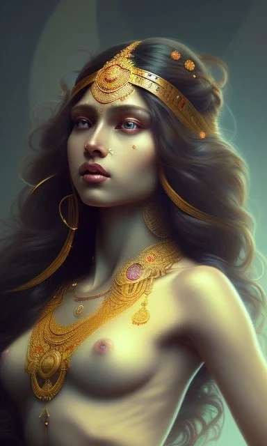 indian goddess , beautiful, long hair, wavy hair, curly hair، black eyes, head and shoulders portrait, cinematic, 8k, resolution concept art portrait by Greg Rutkowski, Artgerm, WLOP, Alphonse Mucha dynamic lighting hyperdetailed intricately detailed