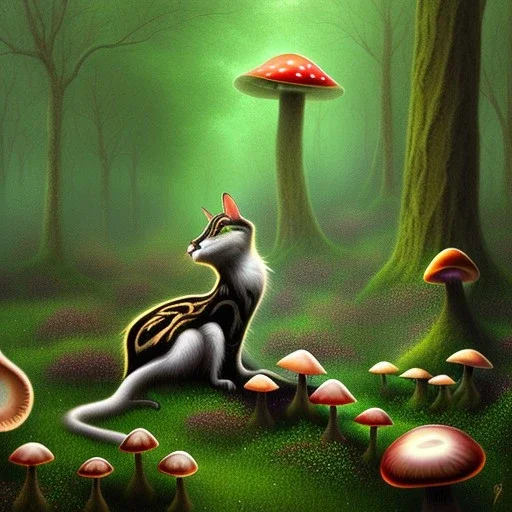 Black cat sitting, mushrooms in a psychedelic forest