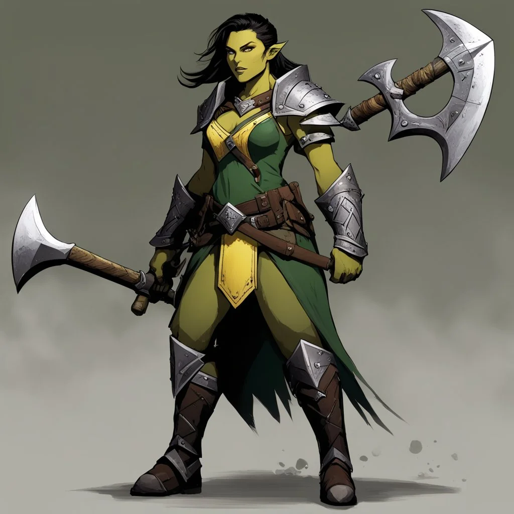 Vex'na is about six feet tall, with shoulders broad enough to suggest she could wield that axe with ease. Her teeth are yellow, her skin bears the mottled green-brown pattern typical of her heritage, but the way she carries herself marks her as someone who has survived to more dangers than most half-orcs manage at ther age in this unforgiving world. There are scars across her arms and neck, white against the darker skin, each one telling a story of battles survived. Her eyes, when you catch them