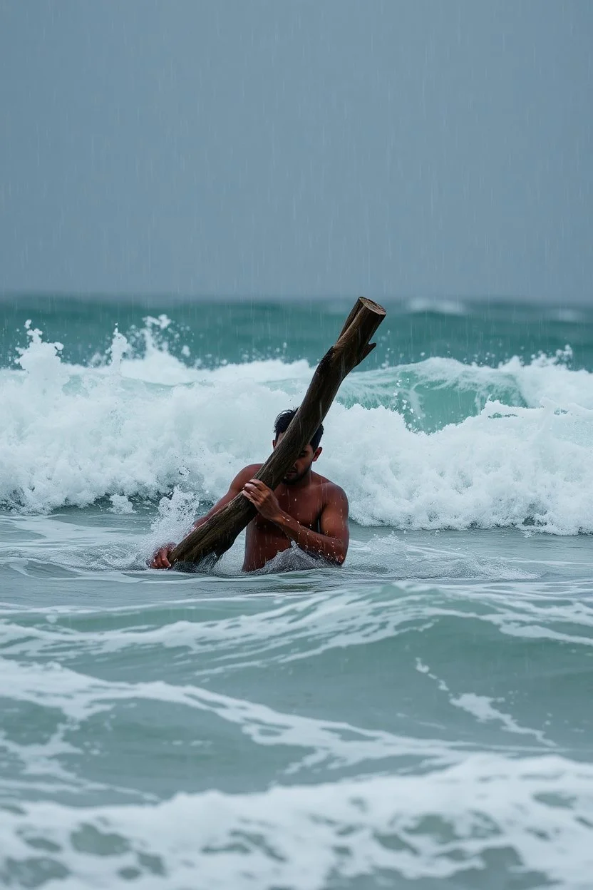 Rain and storm in an ocean with high waves , a man is trying to survive by holding a peace of wood