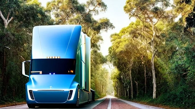 A Tesla semi-truck is parked, in a jungle of the Jurassic Period. CINEMATIC. WIDE ANGLE LENS. PHOTO REAL.
