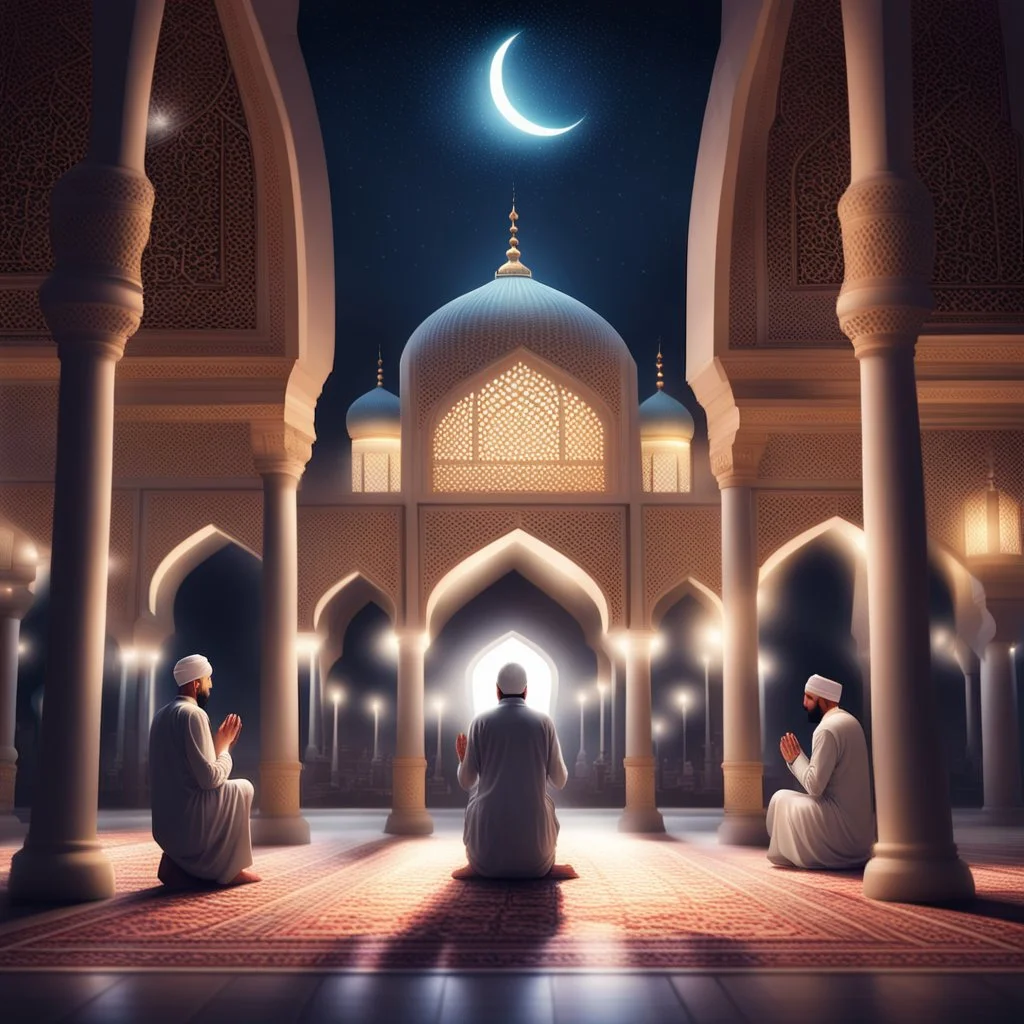 Hyper Realistic Men Praying & Ramadan Lights inside a beautiful mosque at night