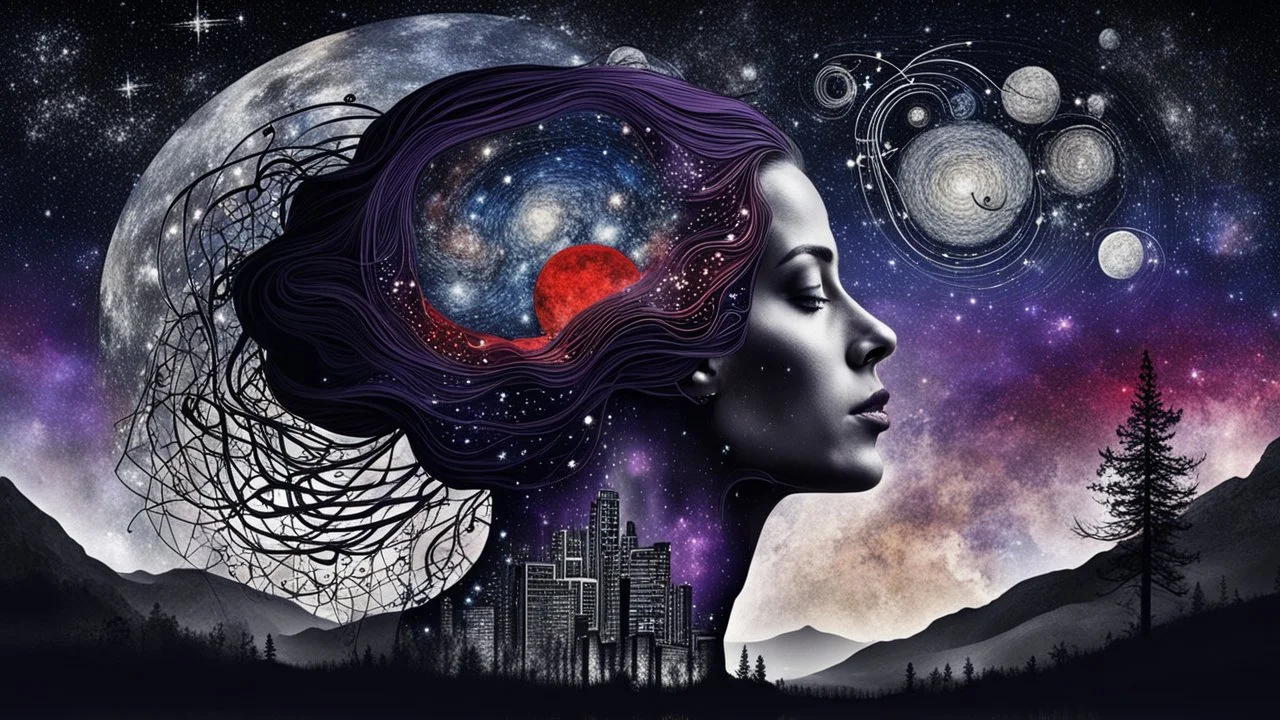 Double exposure of a female person's profile and a utopistic starry night sky, dramatic mood, dark depressive style, highlySurreal reflection, dark, melancholic, purple, gray, red, black colors, surreal abtractions, strange things, Kandinsky world detailed intricate, surreal, stunning,