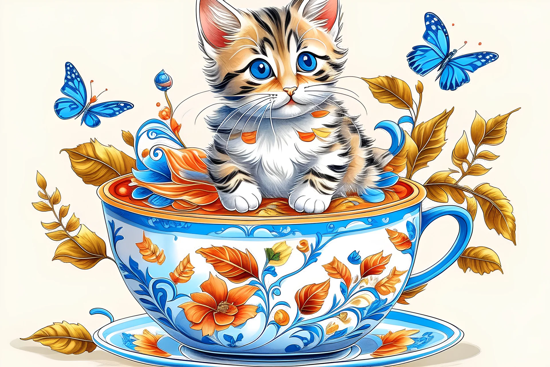 Kitten in a Teacup , repeating patterns design, fabric art, flat illustration, Vector, 4K, Art station, digital print, highly detailed clean, vector image, photorealistic masterpiece, realistic butterflies , flat background, isometric, bright vector, white background, 500 leaf, bright color, beautiful