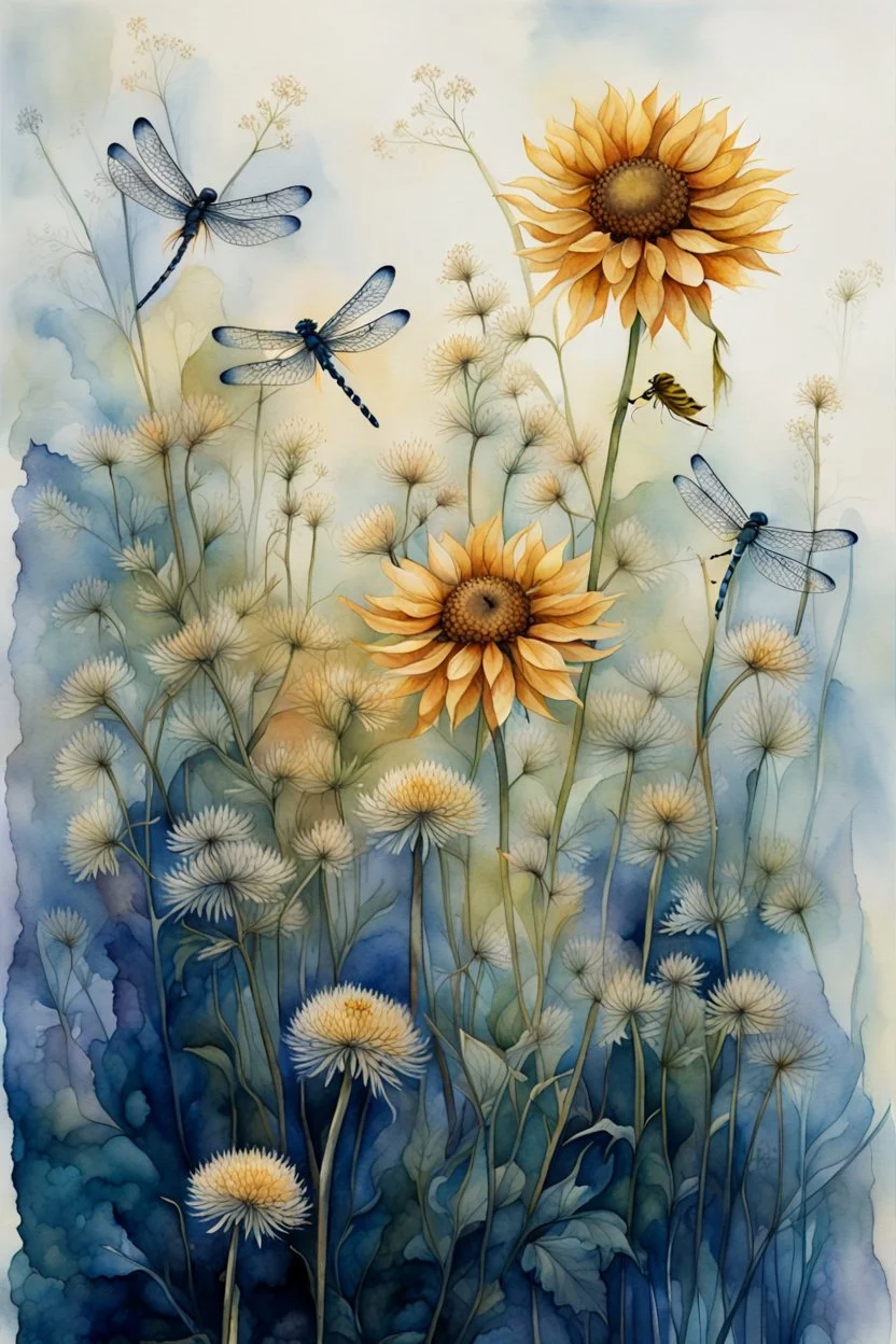 Dandelions, Water Hemlock, wild flowers and dragonflies stunning watercolor art by susan Winget, painted, in gold, blue and white tones with a sunflower --v 7 In style of Marjolien Bastin.