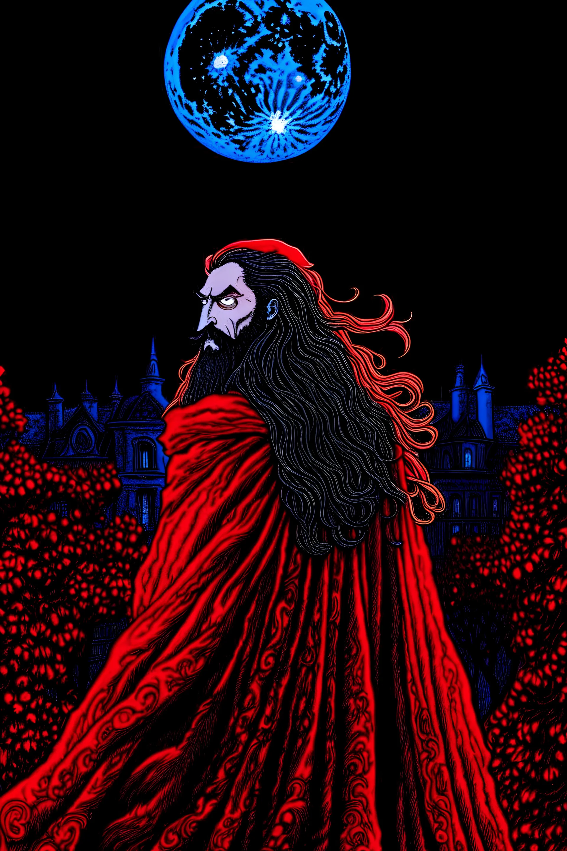 On a dark night on a full crimson moon, a vampire wearing a red scarf with a long beard and hair appears eating his flesh in Paris.