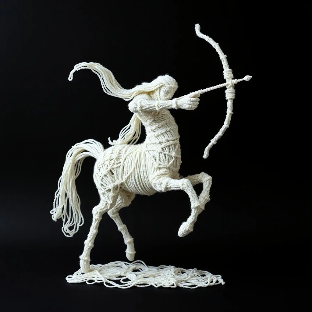 2D yarn art, minimalism, Male Centaur in an aiming a bow and arrow pose made entirely out of white yarn, dark negative space, extreme contrast, concept art, stunning, dramatic, intricate details