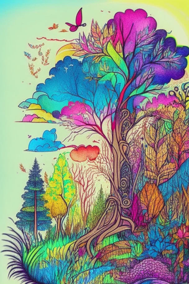 Nature doodle drawing, vivid colors