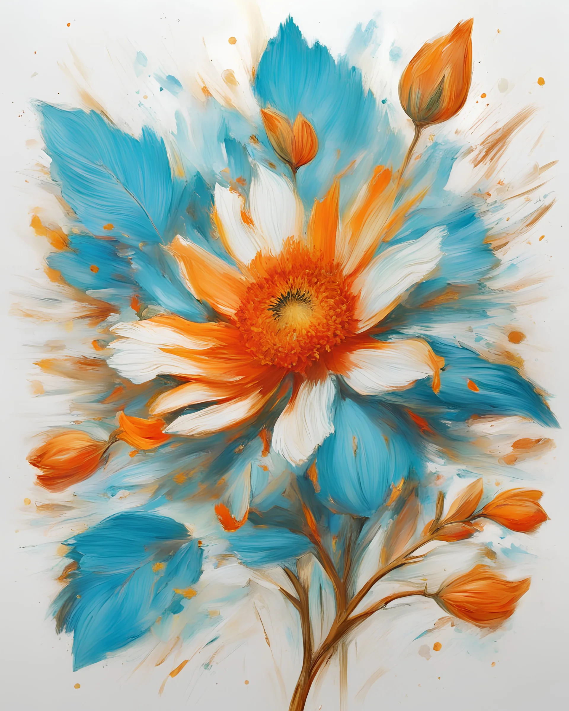 bright light and turquoise , gold and orange flower van Gough white background