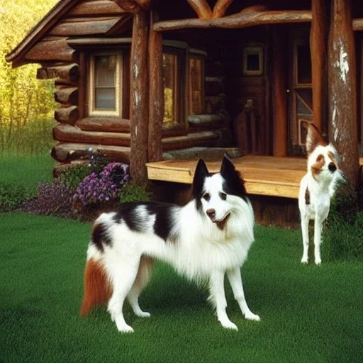 cowgirl in front of cabin with a border collie dog, 8k, high-quality, ultra-fine detail, Brian Froud, Howard Lyon, Alfredo Rodriguez, Jack Sorenson