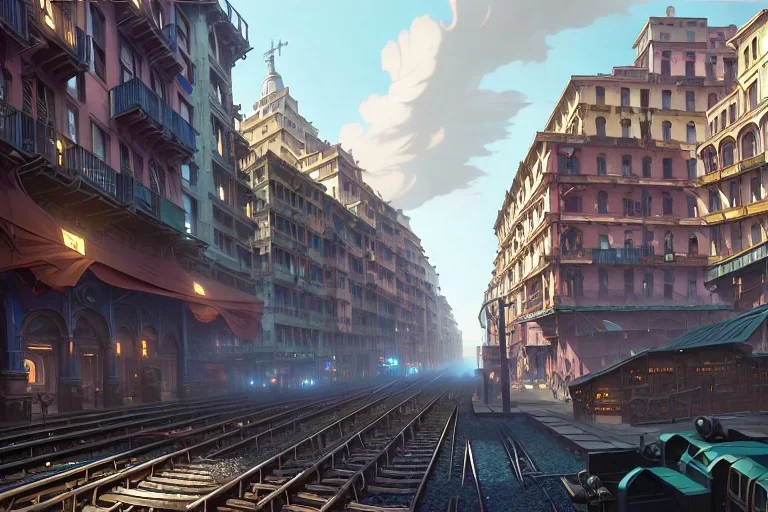 Close up Train head+Elevated Train pass+trains+ corner building on sea+riomaggiore+corniglia+genoa street+Italian medieval town+sea+alphonse mucha, greg rutkowski,matte painting, cryengine, hyper detailed, felix kelly, fantasy art, seb mckinnon