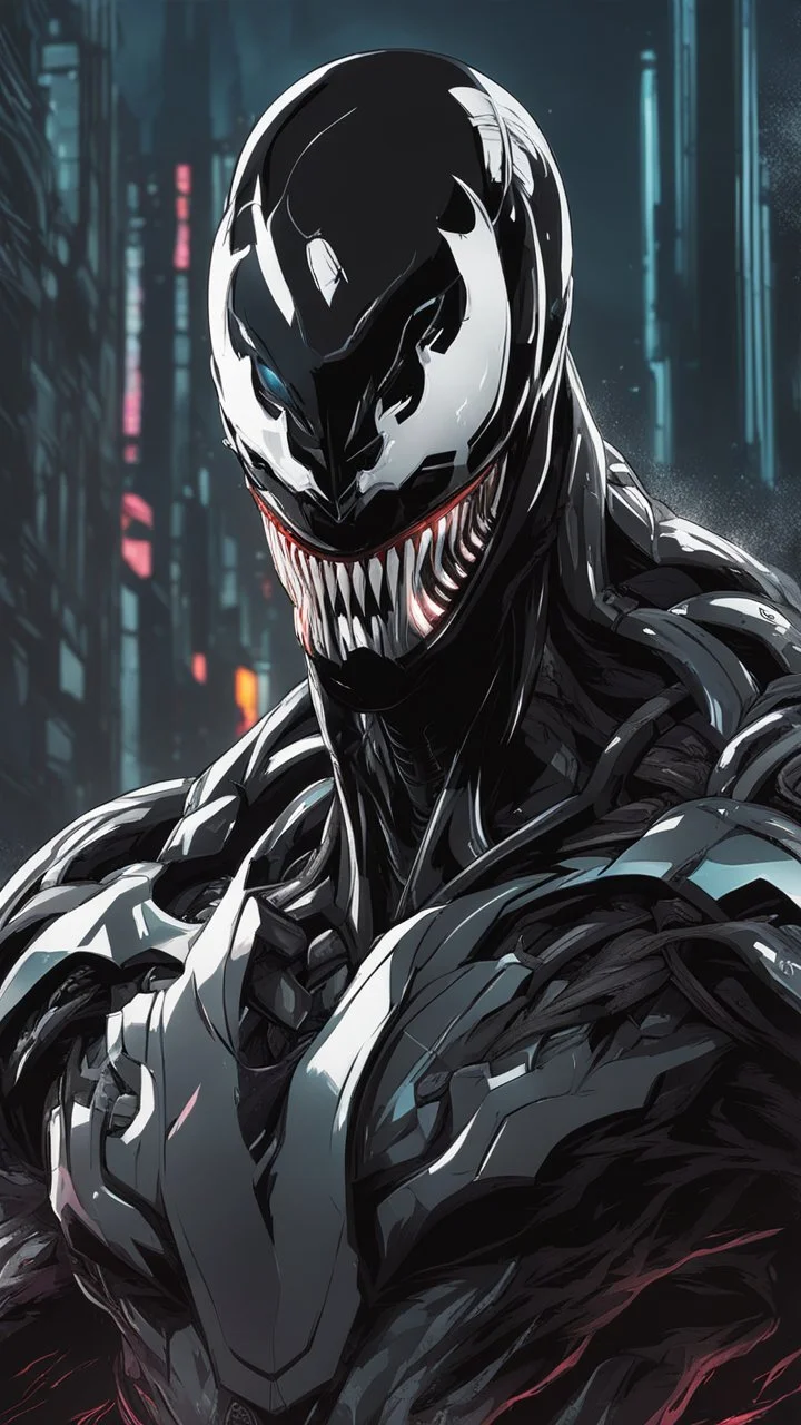 Venom mix with machine in solo leveling shadow artstyle, cyberpunk them, intricate details, highly detailed, high details, detailed portrait, masterpiece,ultra detailed,best quality