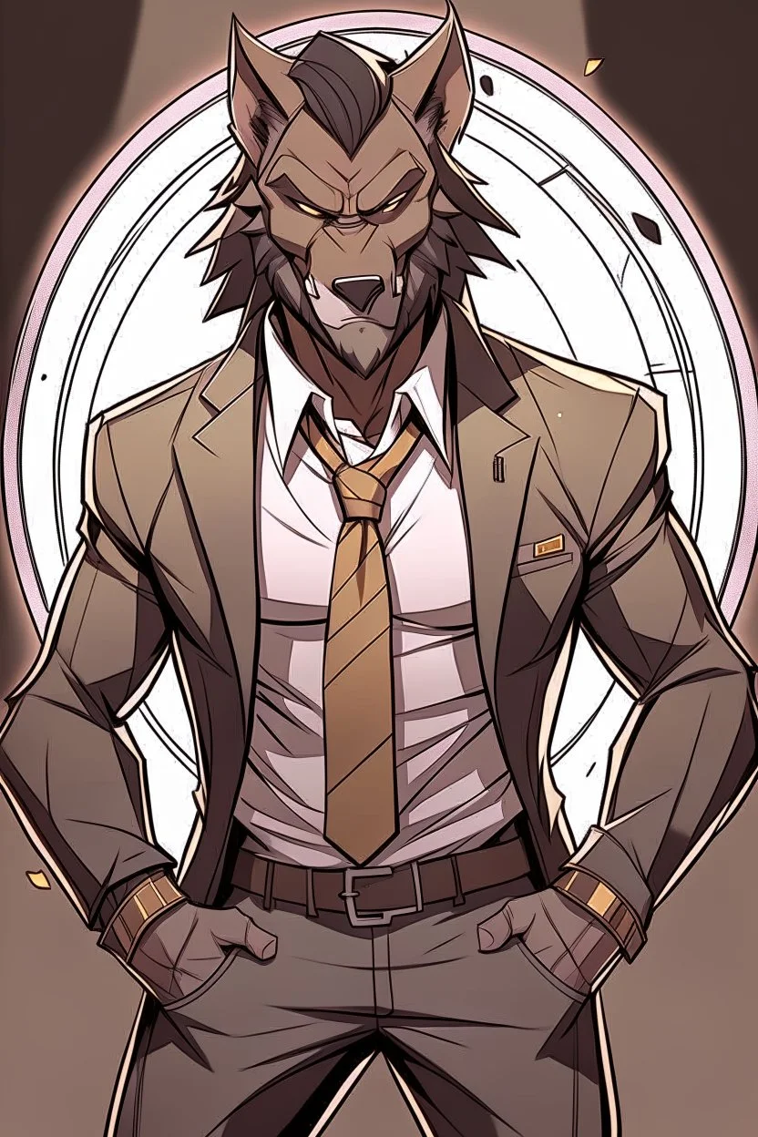 Buff, anthro, wolf, himbo, black fur, gold eyes, wearing a suit, full-body, muscles, strong, muscular, man boobs, bulky, tail, dark fur, smug grin, hands on hips,