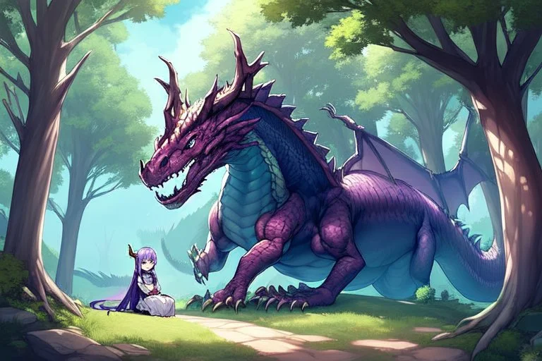 House, forest, girl , purple hair, dragon tail, dragon horns, sit , look like dragon.