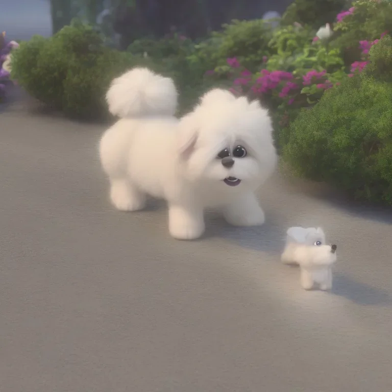 small, fluffy white dog leaving house