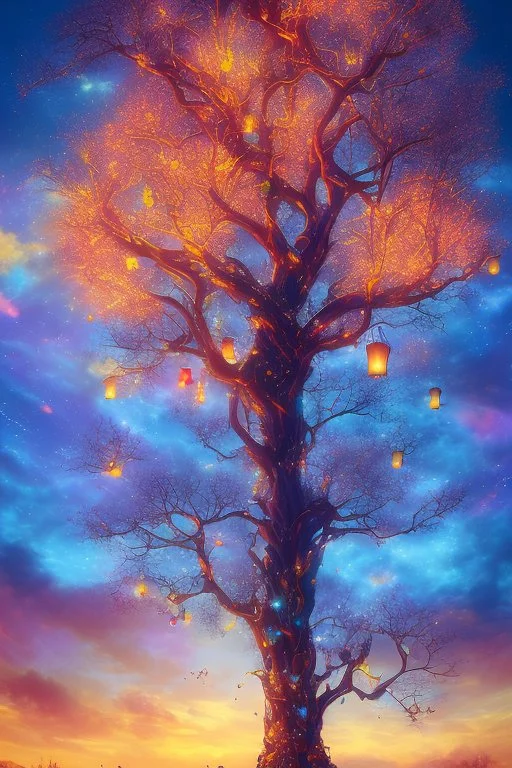 Unforgettable photo of a vibrant Big tree, stretching high above the clouds, its branches adorned with radiant colourful lanterns that lead the way to a hidden realm of celestial vivid spirits. sunset setting, birds and fireflies flying