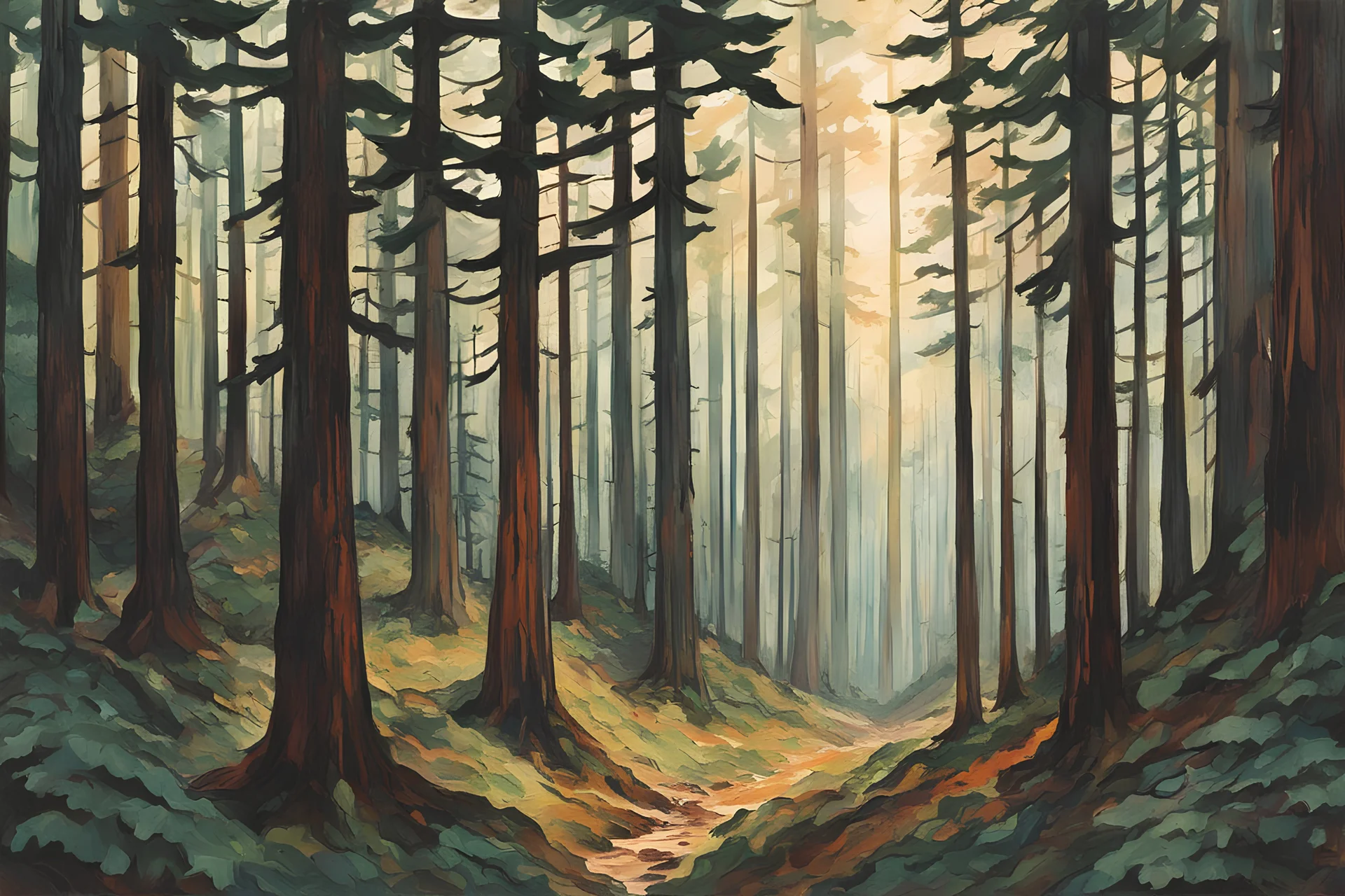 Painting of a lush haunted giant redwood forest , pierced by shafts of soft sunlight at dawn , in the Expressionist style of Egon Schiele, Oskar Kokoschka, and Franz Marc, in muted natural colors, isometric view