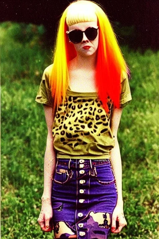 year 1996 denim fashion. Loose skirt, low waist. Combat t-shirt. Colors: denim blue, blue, purple, cream, khaki, light green, lilac, plum, orange, terracotta, red, light yellow, pink, dark blue, beige. Latex in small part. Something between camouflage and cheetah prints.. Gwen Stephani, Shirley Manson.