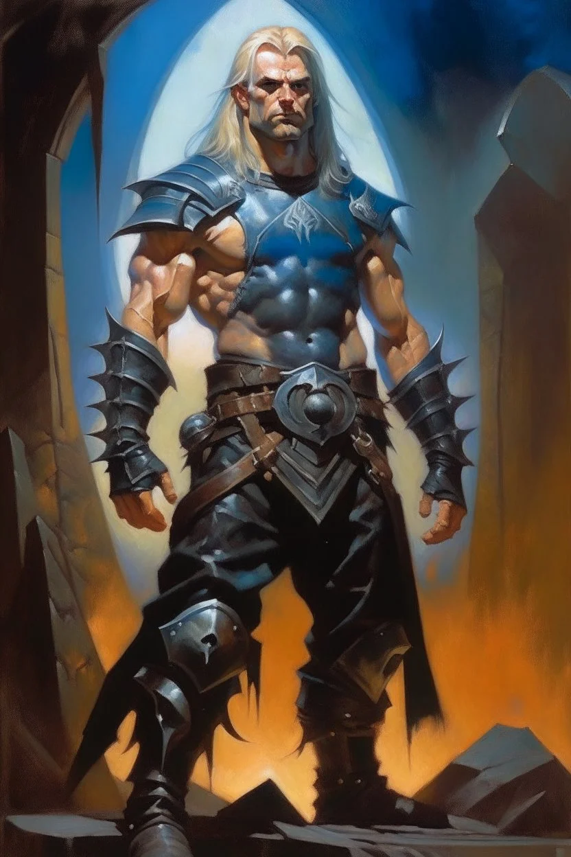 1970's dark fantasy cover dnd style oil painting of a heavy metal hero with sport outfits with minimalist far perspective. Magazine.