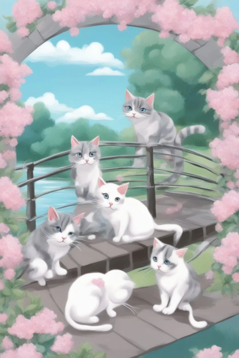 in the center: beautiful chunky cats dancing on a bridge , background: landscape, first plan: pink flowers and a small river with blue water, sky: clouds with more cats sitting on them