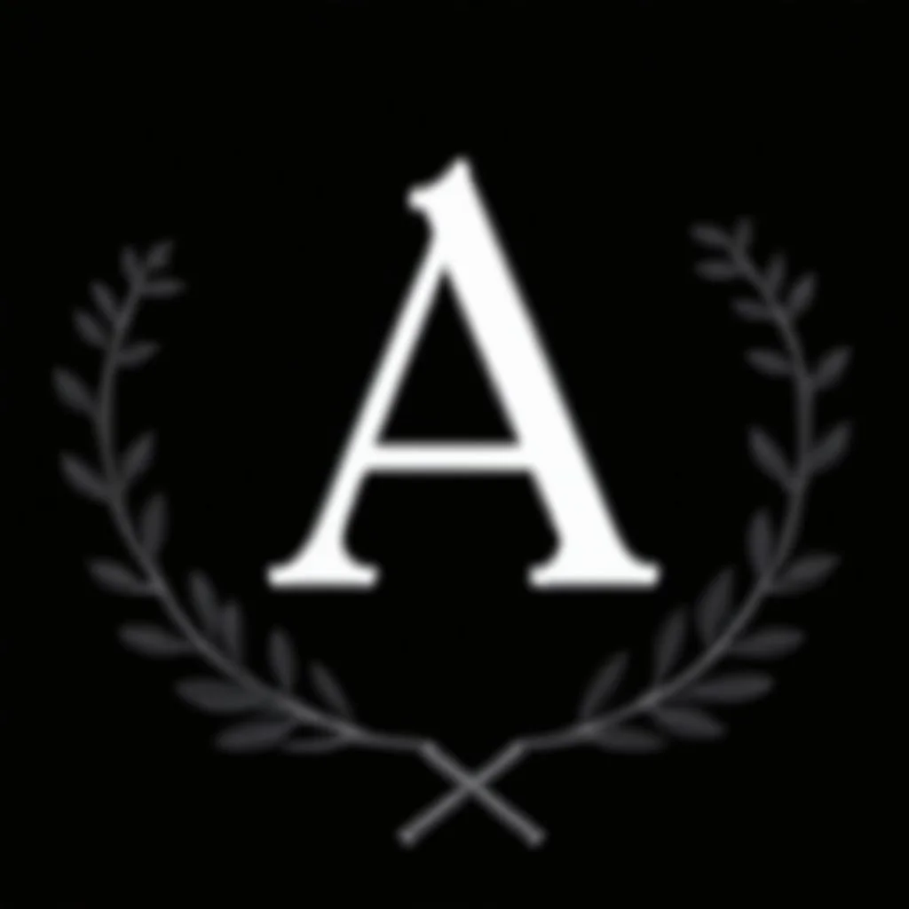 2 branches(crossed at bottom, arching upward wreath), Letter A in Middle, delicate linework(romantic), sharp image, white vector on black background