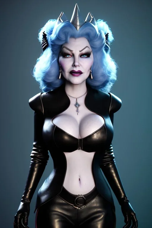 Mae West as evil queen in black leather, leather, busty, cleavage, angry, stern look. character design by cory loftis, fenghua zhong, ryohei hase, ismail inceoglu and ruan jia. unreal engine 5, artistic lighting, highly detailed, photorealistic, fantasy