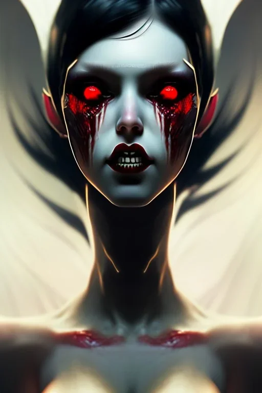 Dracula girl, white eyes, red lips, black hair, vampire tooth with bangs, goth, close up portrait by Greg Rutkowski