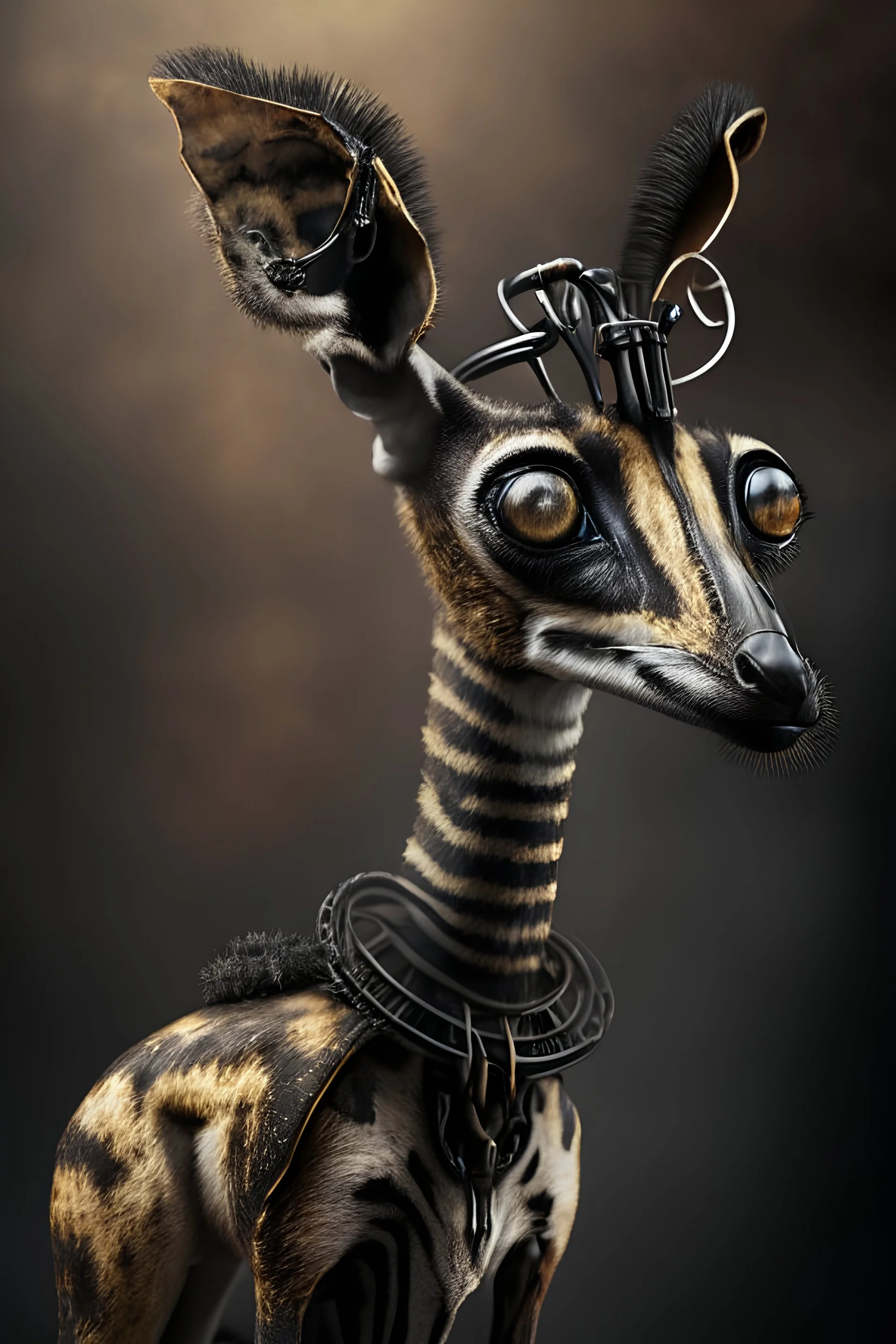 okapi lamb meerkat,hyperrealism, masterpiece, expert, 8K, dramatic lighting, sharp focus, dark, black, steampunk