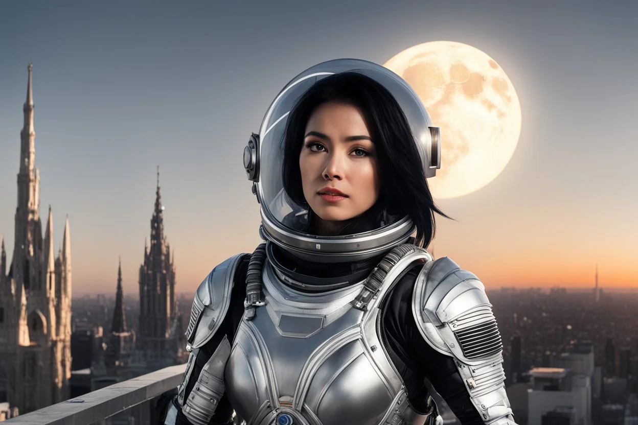 A slim Woman With Black shoulder length hair, Wearing a silver and black space suit, with no helmet, standing sot the right, sideways on a ledge of a building, with a moon Behind Her Head, towering spires and buildings highlighted by the setting sun