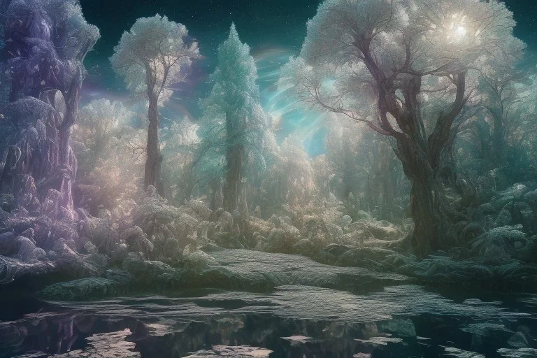 white and gold crystal cosmic and galactic ambiance sky trees river surreal, full of details, smooth, bright sunshine，soft light atmosphere, light effect，vaporwave colorful, concept art, smooth, extremely sharp detail, finely tuned detail, ultra high definition, 8 k, unreal engine 5, ultra sharp focus