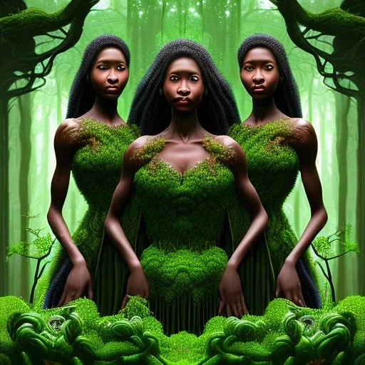 Painting .three women. A mother. Two daughter. Twins. A mother with her children the faces of three young black women. wood nymphs emerging from the forest. Her hair looks like vines. Dreadlocs. Her skin is the colour of dark soil. Her skin looks like tree bark. Her clothing is made of vines, grass and leaves.