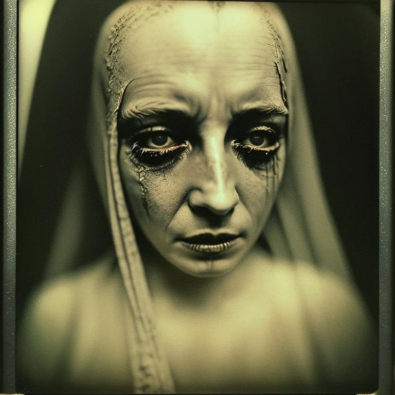 Photorealistic polaroid nothingness and distressing anguish old wooden figure wasteland night, Hieronymus Bosch, shot on Hasselblad, movie shot, details of the dress accentuated, nightmare, hypermaximalist, obsessive, hypnotic