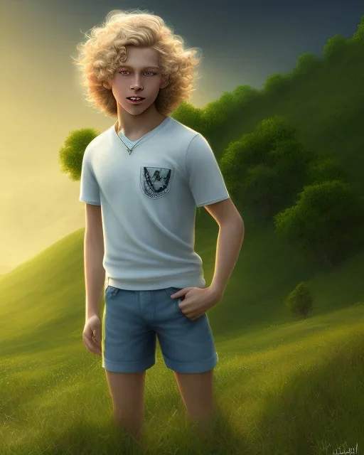 full length photograph of a beautiful 12 year old boy with long, blonde curly hair and light blue eyes, smiling, standing on a green hill in summer, highly detailed, smooth, photorealistic, digital art, HDR