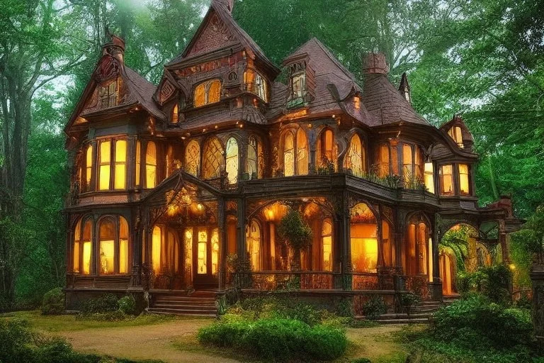 fantasy victorian house surrounded by forest