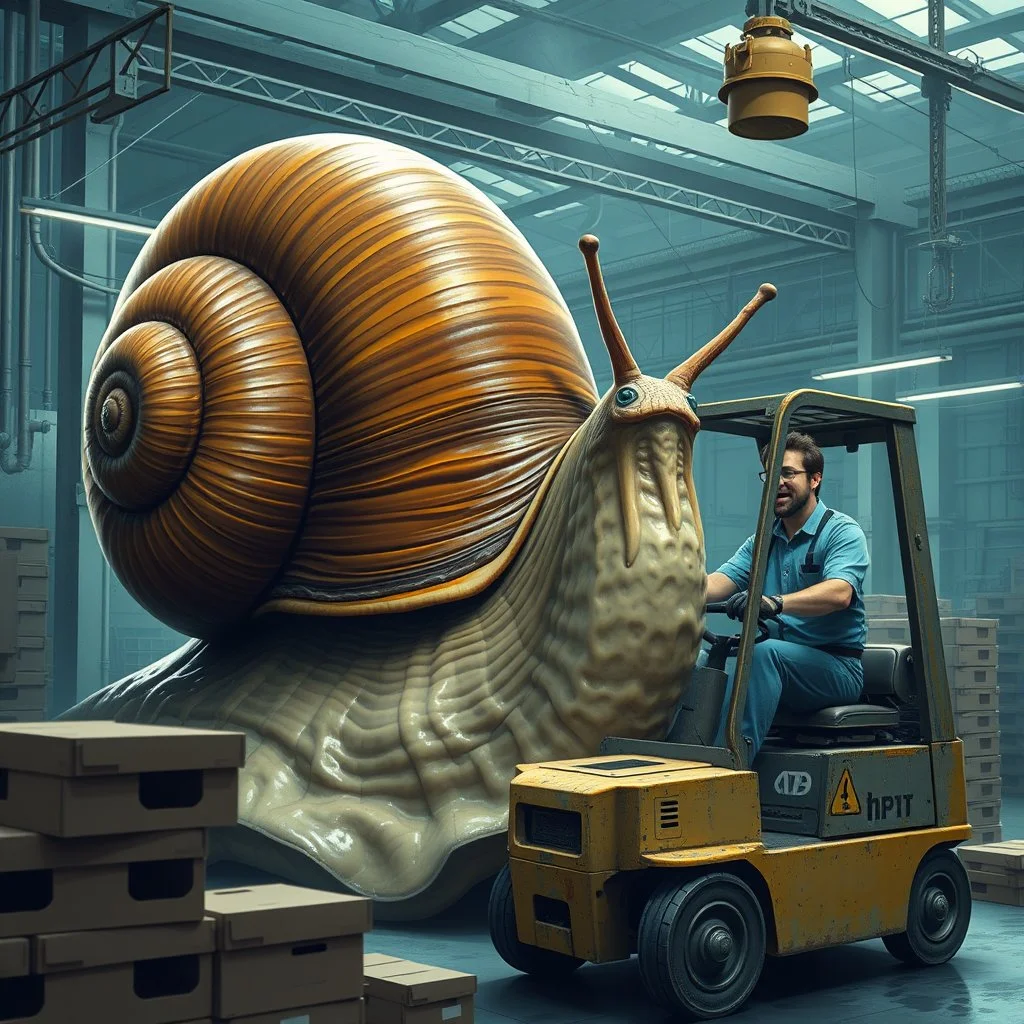 A giant snail in a factory sliming around and are in the way for every worker, a man in forklift screaming and are angry at the snail