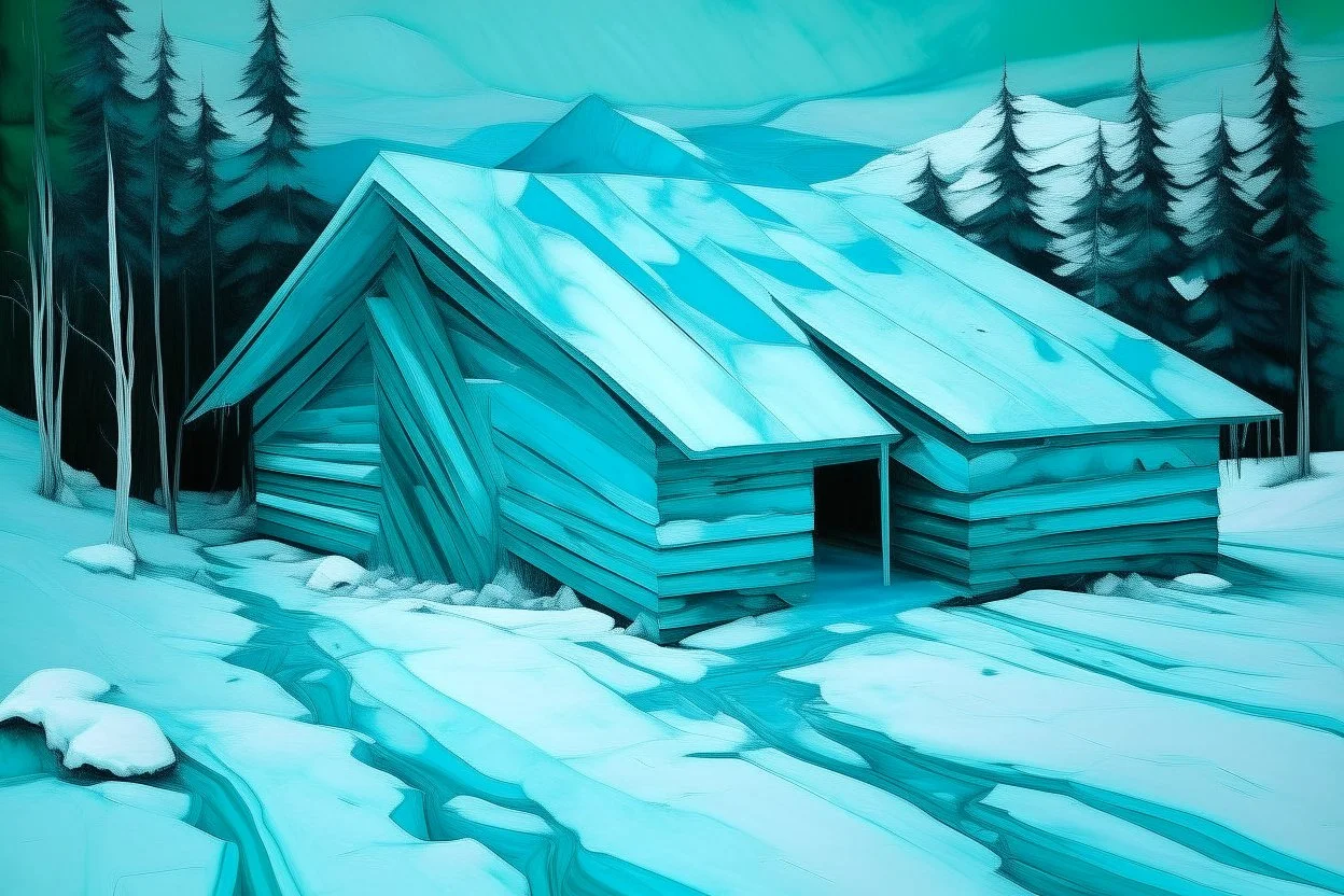 A cyan snowfield with a frozen cabin painted by Frank Lloyd Wright