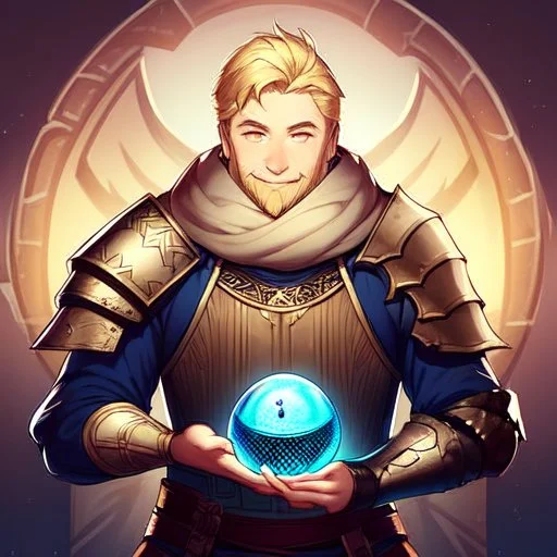 A nord male battlemage from Skyrim, full plate nordic armor, blond hair of medium length, hearty, smiling, thick short beard, an electric sphere in right hand, correct proportions