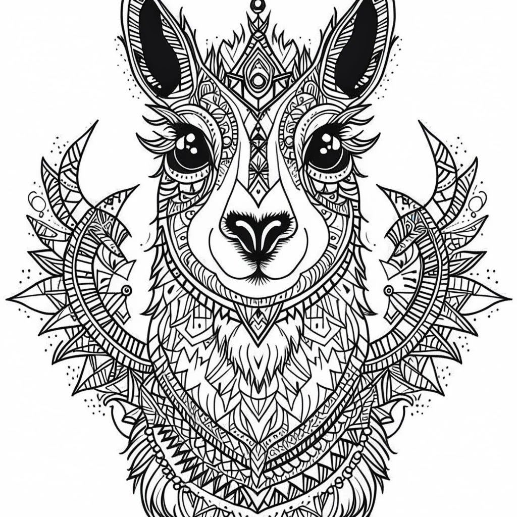 Llama, mandala, minimal lines, cartoon, white back ground color, real style, realistic, minimalistic, minimal black line art, line art, crisp line art, unique coloring sheet, outlined, outline, crisp, crisp line edges, illustration, thin lines, crisp clear lines, line art, clean line art, unique, 8k, amazing, masterpiece, no colors, no dark color, no black color, avoid thick black, minimalistic line edges, pure white back ground, image character full fit to page,