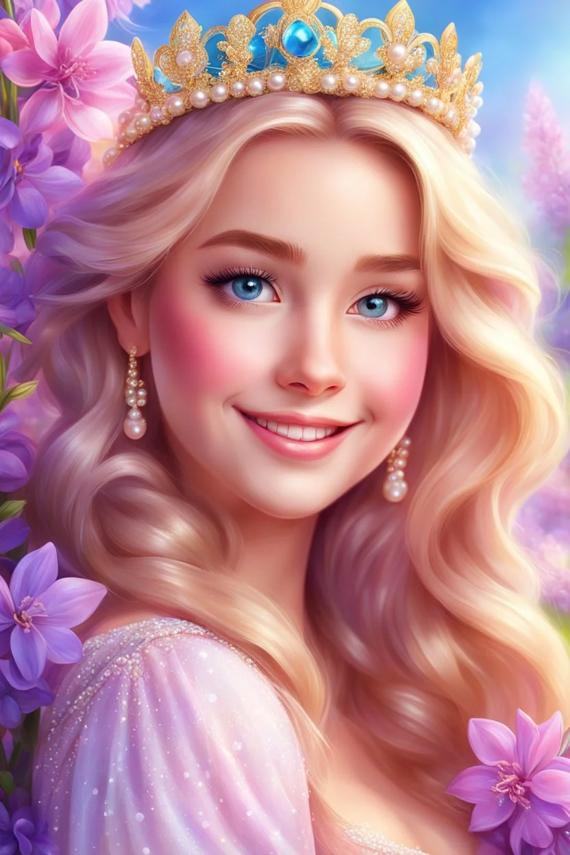 Adorable digital painting of a beautiful young girl fully dressed in gorgeous sparkling pearls, portrait of Rapunzel, sparkling crown, front view, beautiful smile, long shiny golden hair, blue eyes, beautiful face, rosy cheeks, lips Shiny pink, Rapunzel's face, digital art, surrounded by pink and purple hyacinth flowers, heavenly garden in the background, romantic style, dream world, high quality, 4k