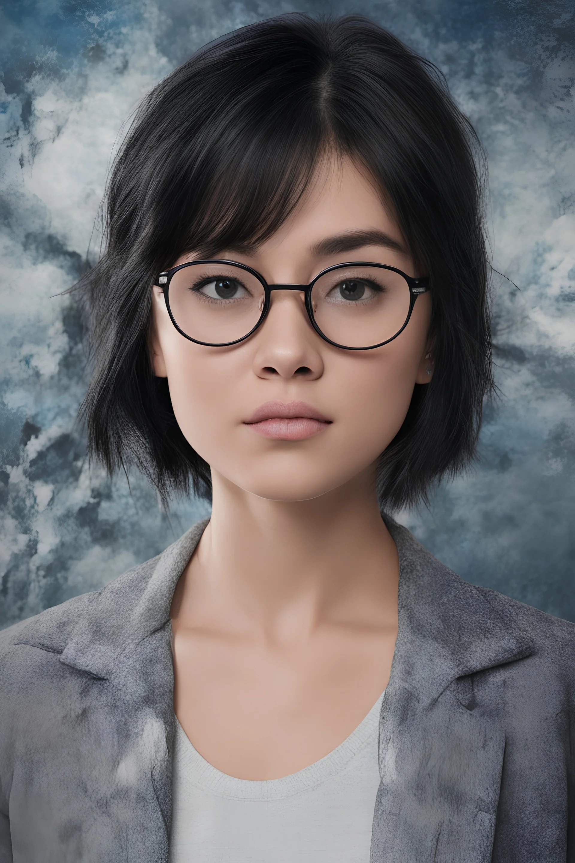 cross-eyed Lucy Hale/Jackie Chan hybrid, , 4k UHD, photorealistic, ((big, full, plump, pouty lips:1.5)) black hair, big cat-eye eyeglasses, dark blue foggy gradated marble wall background