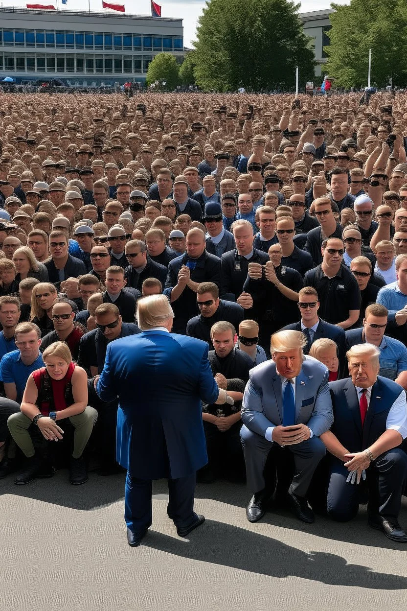 hundreds of people kneeling in front of donald trump