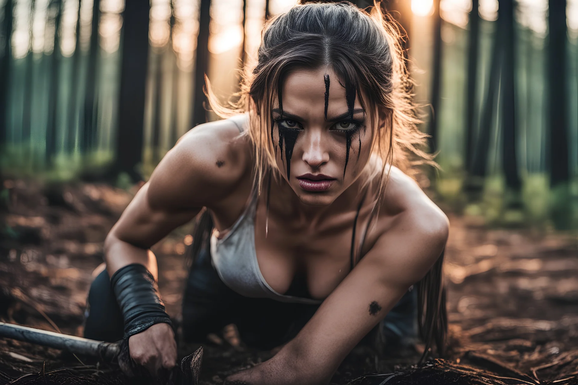 Warrior girl with black tears down her face, gritty, scratched, crouching down at edge of forest at dawn, ready to attack, focused, determined, pointing sword, looking off to side, photo realistic photograph