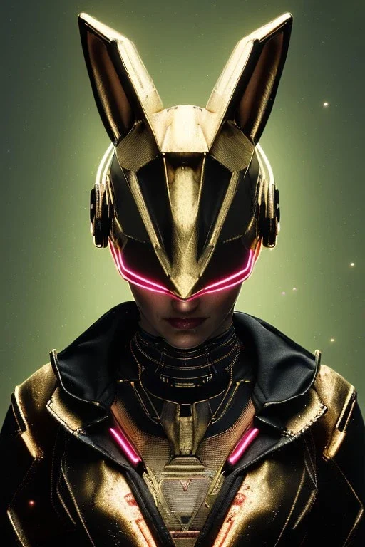 Medium Close Up Portrait, Front image. cyberpunk, rabbit mask, teenager, blonde woman, cyber helmet head. Gold dress. Black, pink, color. Steampunk style. renaissance ornaments, Color background, photo studio. Front image, highly detailed, concept art, smooth, unreal engine 5, ray tracing, RTX, lumen lighting, ultra detail, volumetric lighting, 3d, finely drawn, high definition, high resolution.