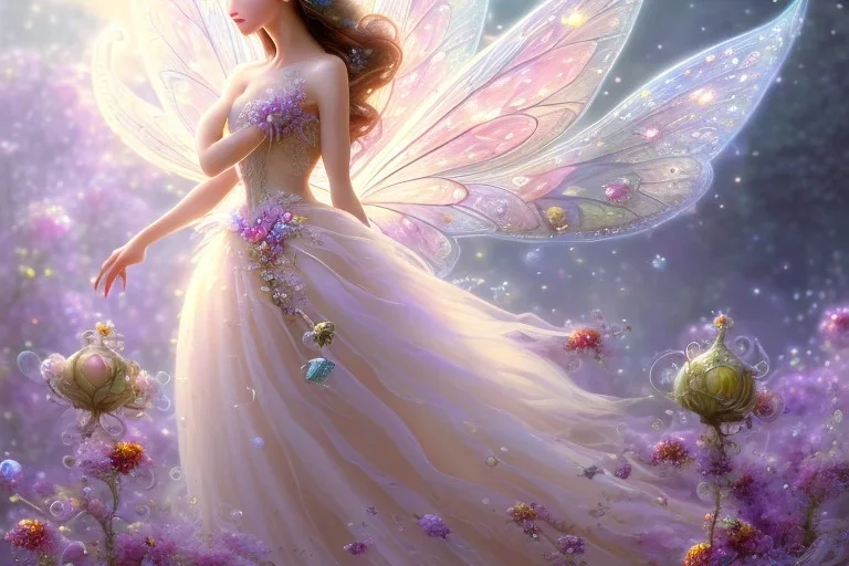 one very little beautiful fairy on a big crystal subtle flower in a galactic ambiance, transparent petals, delicate colors, in the foreground, full of details, smooth, bright sunshine，soft light atmosphere, light effect，vaporwave colorful, concept art, smooth, extremely sharp detail, finely tuned detail, ultra high definition, 8 k, unreal engine 5, ultra sharp focus