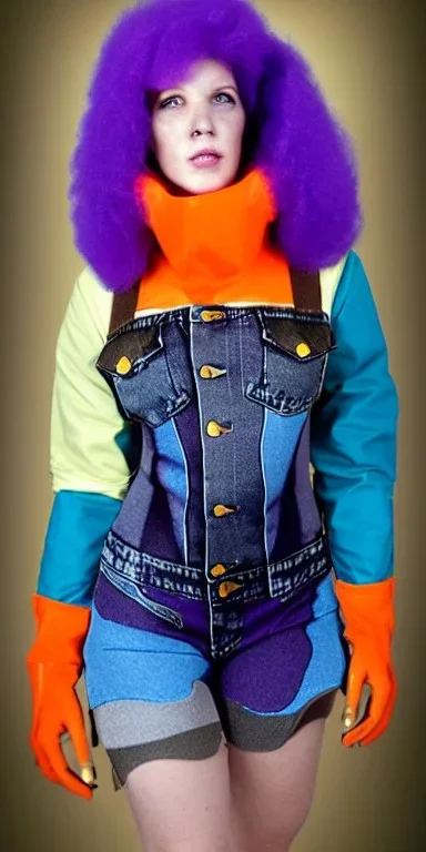 Bright-color-haired woman.fit,slim but thick thighs,thick calves,flat belly,bent fell, thin. Mantle is sewed of upcycled Denim and sewed together of camouflage pieces. Pieces' color are orange, cream and purple. Cream latex gaiters.It is with big bright purple felt tippet and cream-colored-hood. mantle has a hood. Big AKG-style headphones (gold rings!) is merged with small felt cap with small visor. Style: Haute Couture in 1920's, N.Y.C fashion in 1996, inspired by street art.