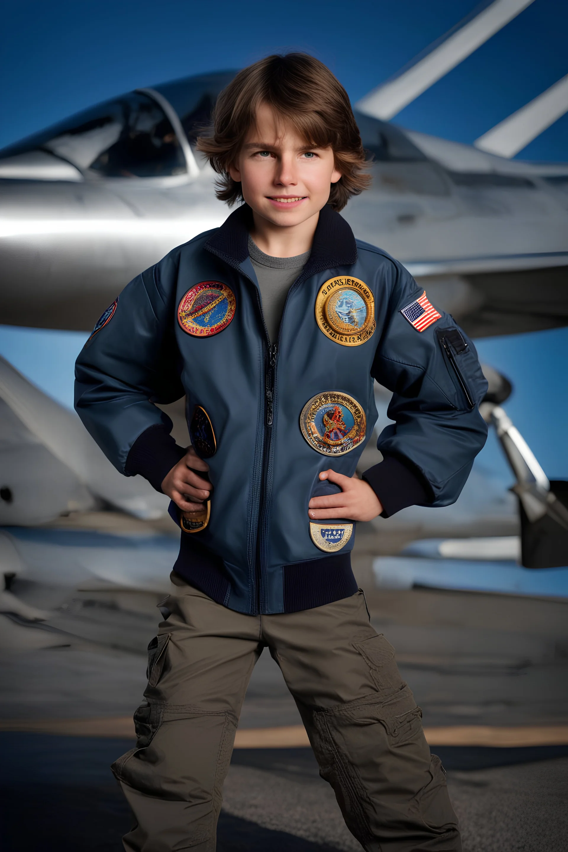 10-year-old Tom Cruise is posing for his school picture wearing a flight jacket adorned with flying patches - Sparkling, Sky blue Background, professional quality studio 8x10 UHD Digital photograph by Scott Kendall - multicolored spotlight, Photorealistic, realistic stock photo, Professional quality Photograph. colored Fog