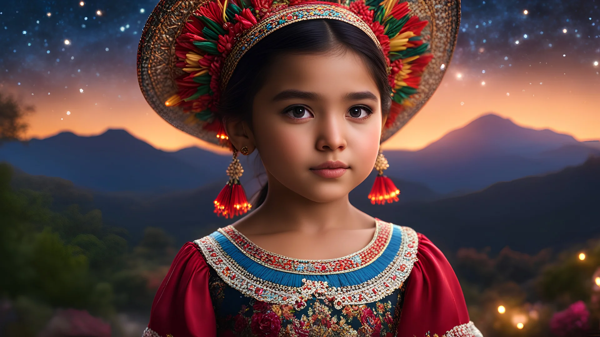 little very young mexican girl, beautiful, peaceful, gentle, confident, calm, wise, happy, facing camera, head and shoulders, traditional Mexican costume, perfect eyes, exquisite composition, night scene, fireflies, stars, mountain view, beautiful intricate insanely detailed octane render, 8k artistic photography, photorealistic concept art, soft natural volumetric cinematic perfect light, chiaroscuro, award-winning photograph, masterpiece, Raphael, Caravaggio, Bouguereau, Alma-Tadema