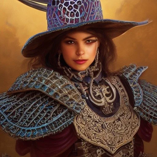 portrait,"Insanely detailed photograph of an armored gang of mariachi warriors", intricate chainmail charo, large colorful Sombrero,elegant cape, highly detailed D20, digital painting, artstation, concept art, smooth, sharp focus, illustration, art by artgerm and greg rutkowski and alphonse mucha, 8 k